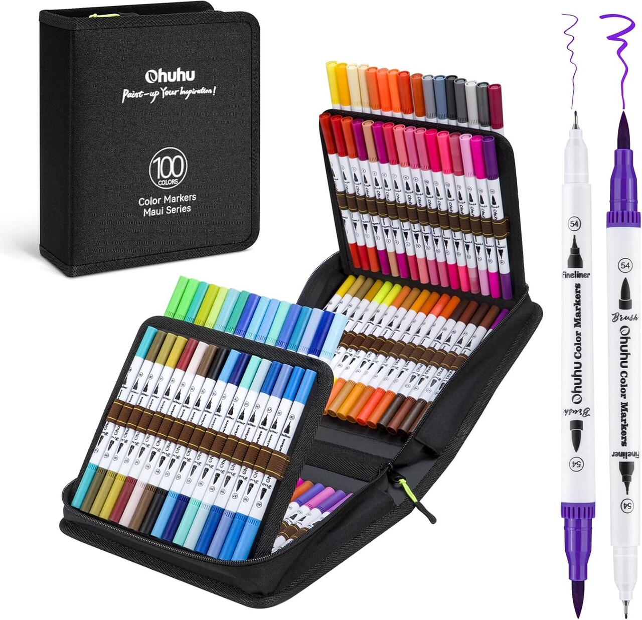 Ohuhu Water Based Markers for Adult Coloring Books: 100 Colors Brush Pens, Dual Tip Brush & Fine Drawing Pens, Coloring Markers for Calligraphy Bullet Journal with Carrying Case -Maui (White Barrel/Black Barrel)
